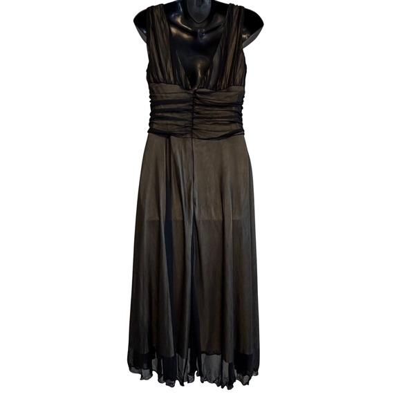 Connected Black Sheer Ruched V Neck Sleeveless Midi Dress Size 10 - Picture 4 of 9